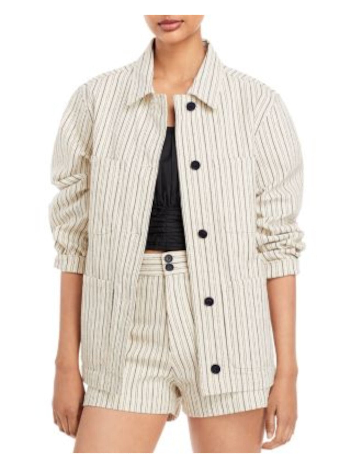REBECCA TAYLOR Womens Beige Pocketed Point Collar Striped Button Down Jacket L