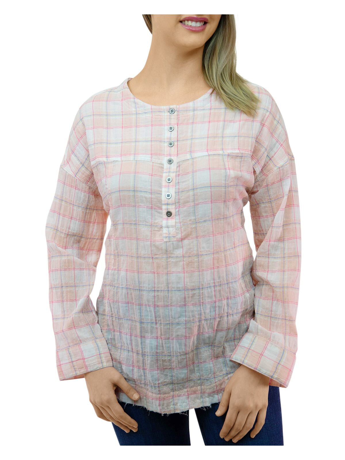 BEACHLUNCHLOUNGE COLLECTION Womens Pink Frayed Half Button Front Curved Hem Plaid Long Sleeve Round Neck Top XS