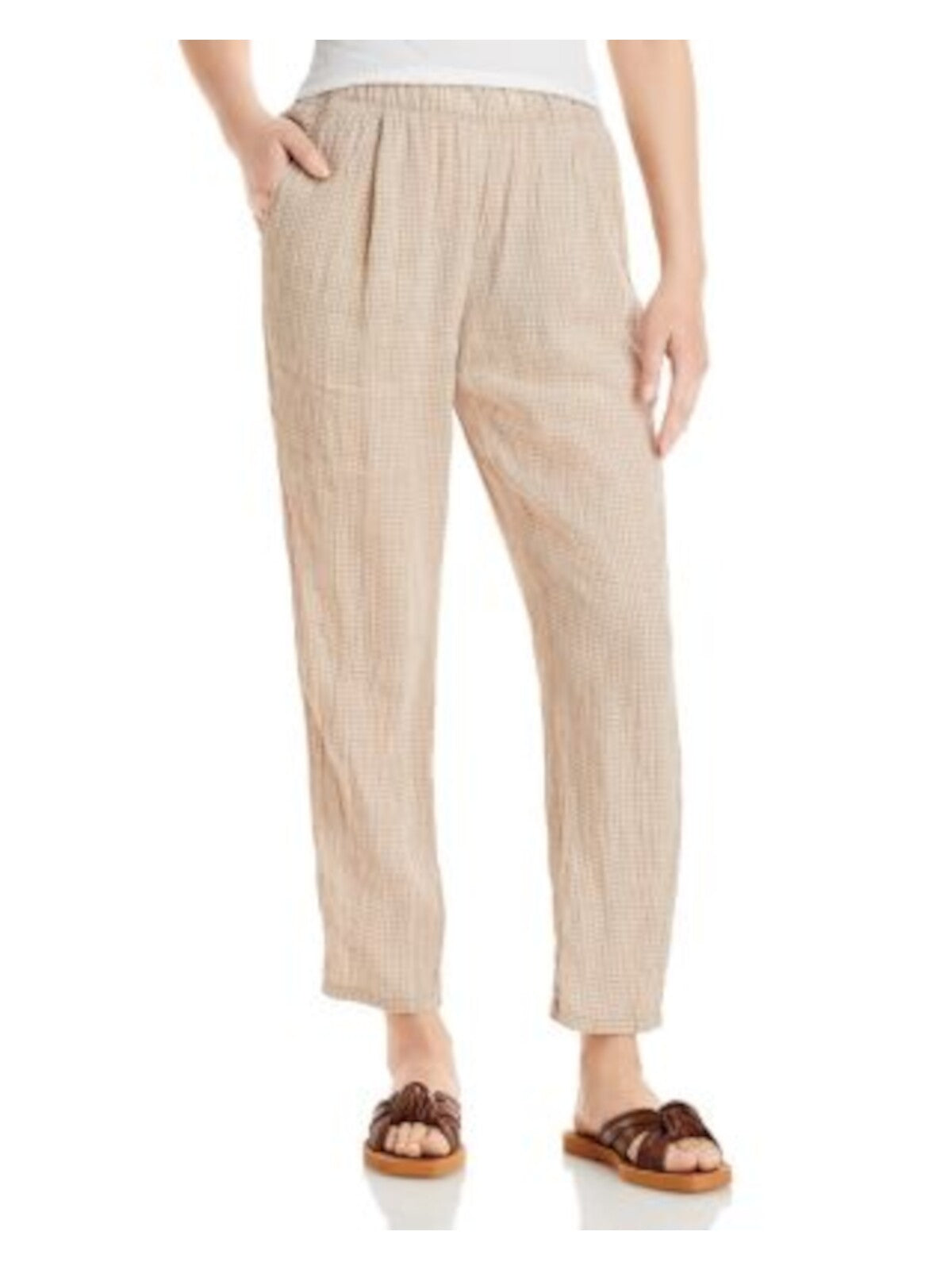 EILEEN FISHER Womens Beige Pocketed Elastic Waist Pull-on Check High Waist Pants L\G