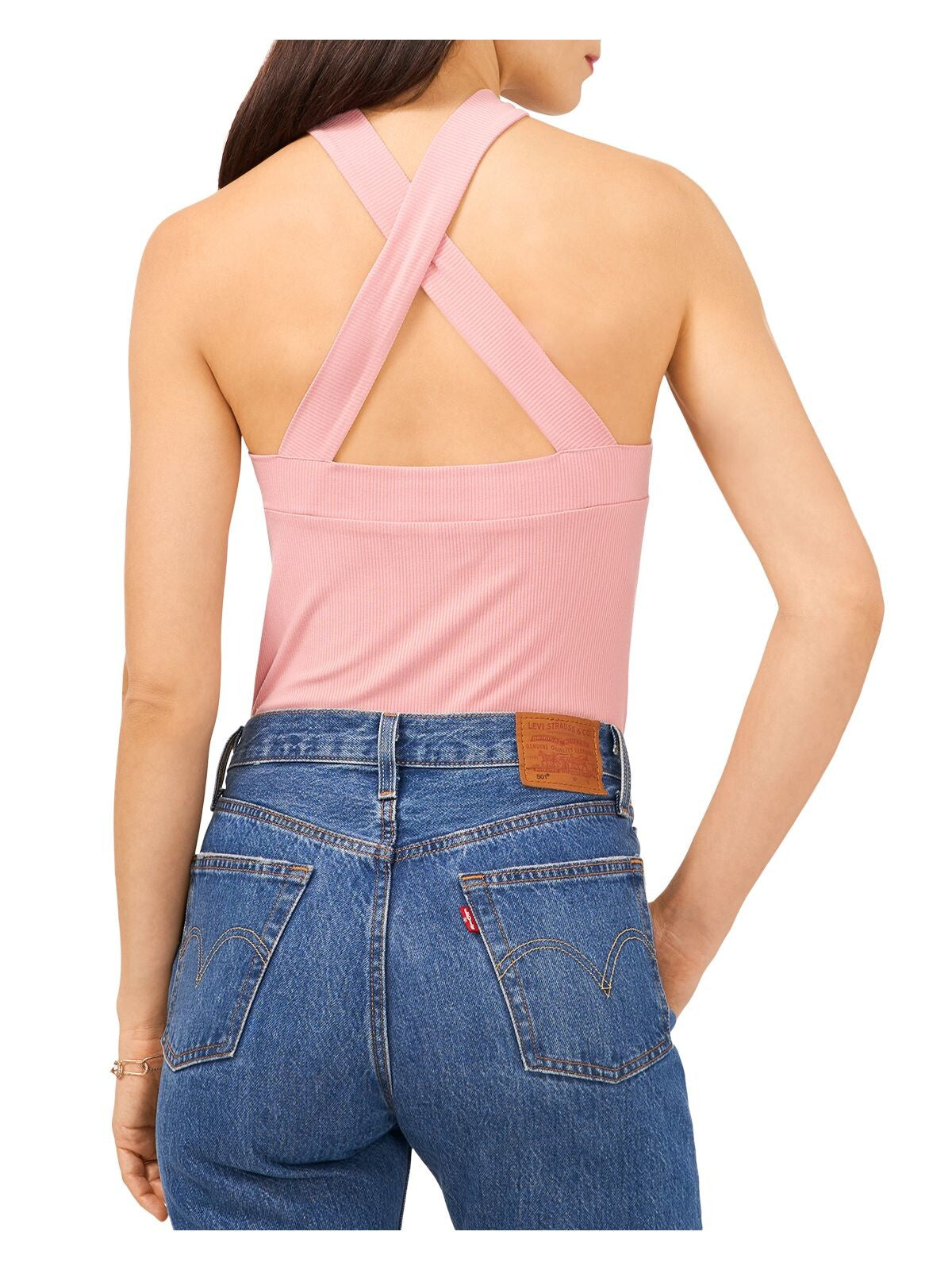 1. STATE Womens Pink Ribbed Crisscross Back Sleeveless Halter Top S
