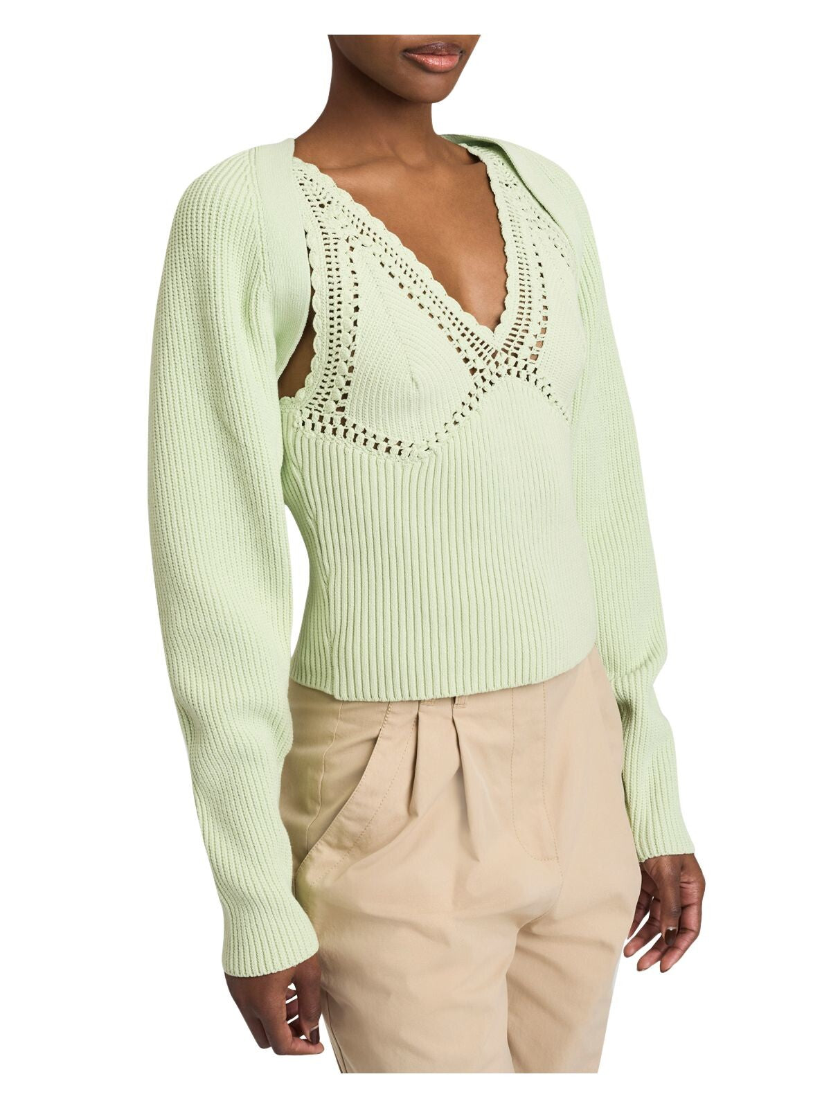 DEREK LAM 10 CROSBY Womens Green Ribbed Long Sleeve Open Front Bolero Sweater XS