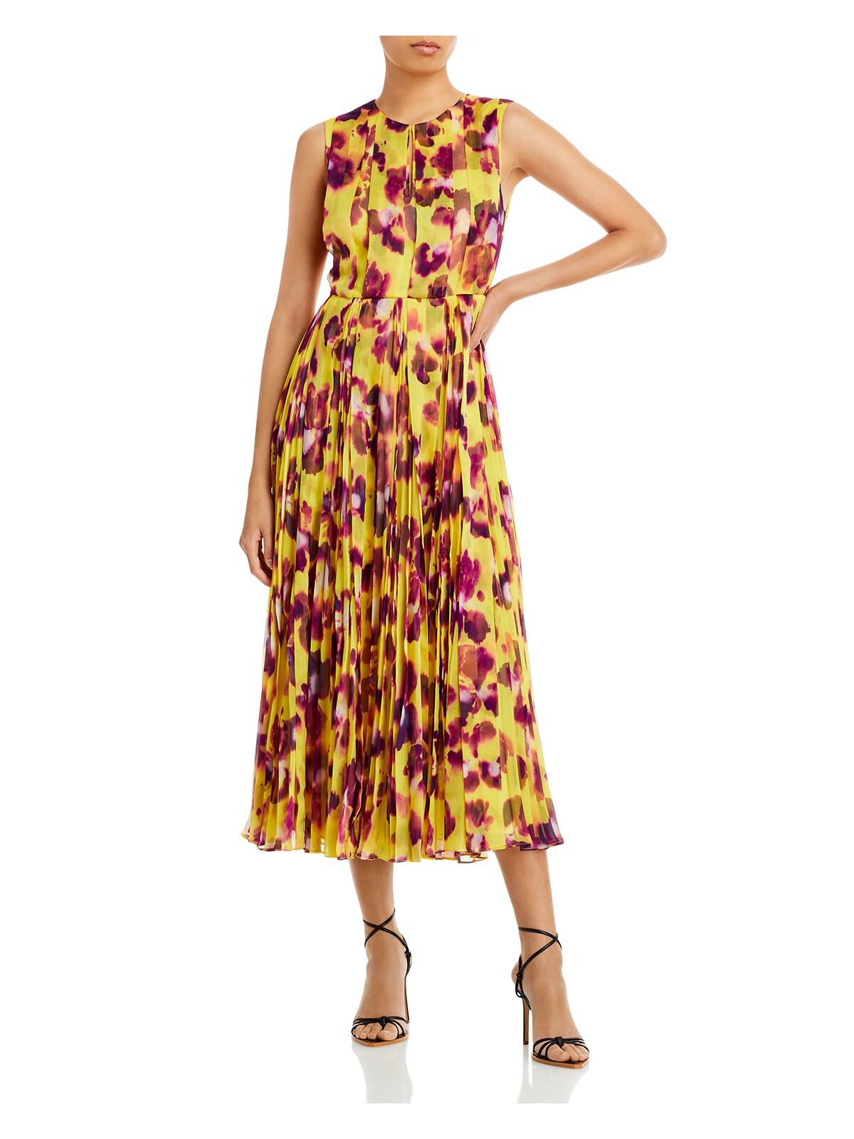 JASON WU Womens Yellow Zippered Pleated Lined Sheer Printed Sleeveless Round Neck Midi Fit + Flare Dress 4