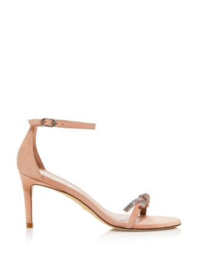 STUART WEITZMAN Womens Pink Padded Rhinestone Bow Accent Cut Out Ankle Strap Goring Nudist Curve 75 Round Toe Stiletto Buckle Leather Dress Heeled Sandal 8.5 B