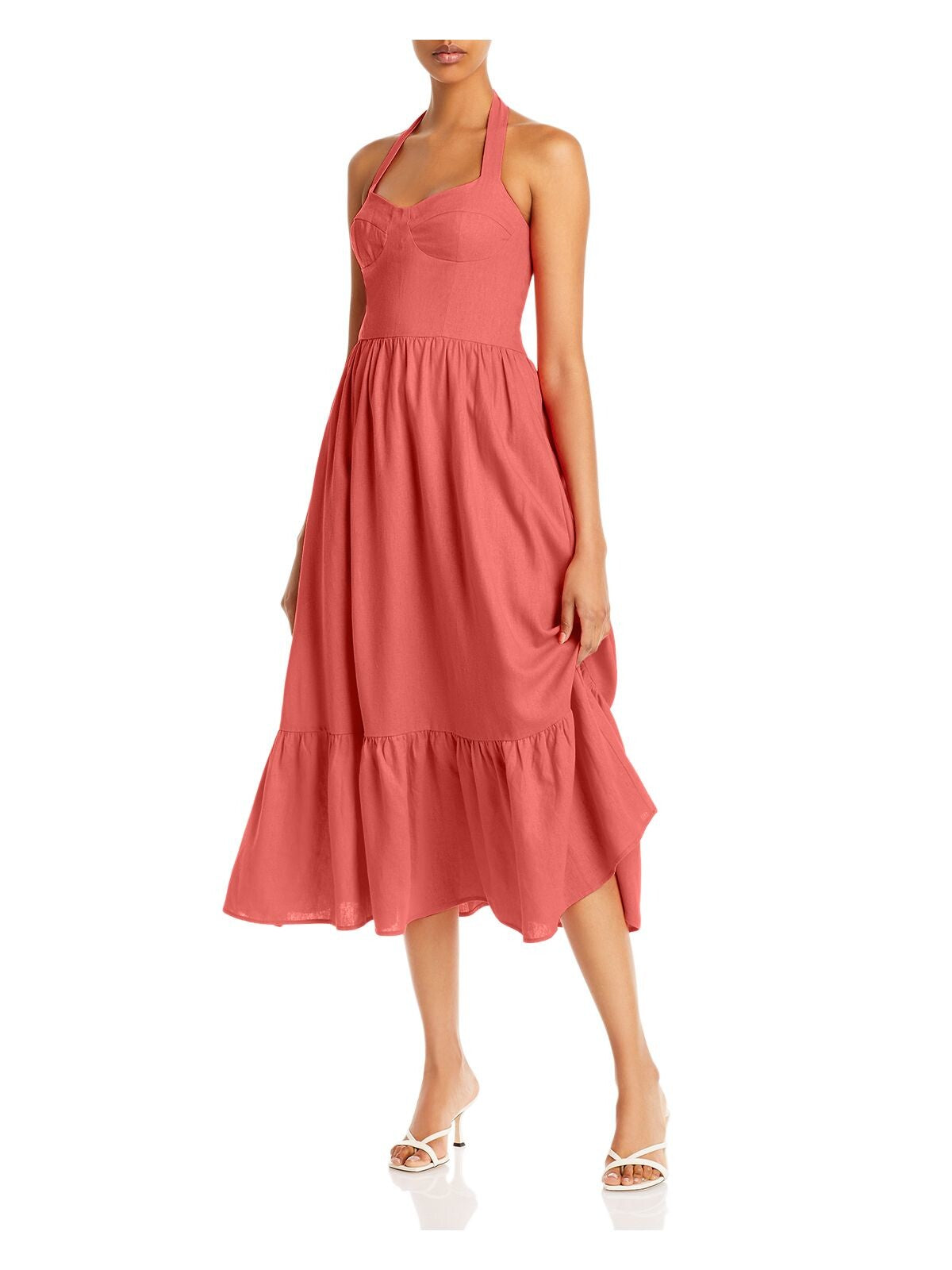 BARDOT Womens Coral Zippered Tie Tiered Skirt Lined Sleeveless Halter Midi Fit + Flare Dress 10