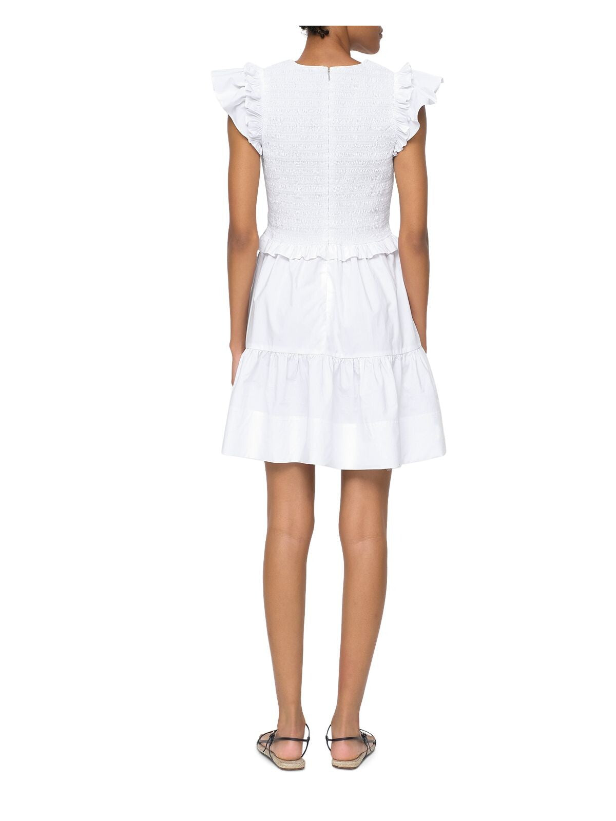 SEA Womens White Smocked Zippered Pleated Ruffled Unlined Tiered Flutter Sleeve V Neck Above The Knee Fit + Flare Dress 4