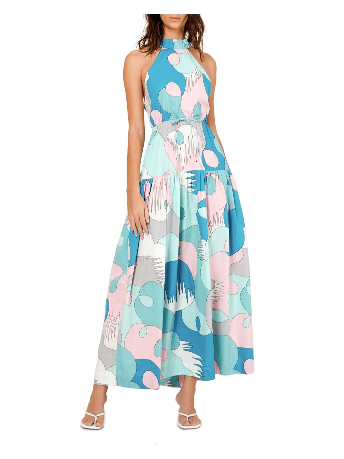 S/W/F Womens Turquoise Gathered Tie Pullover Cross-back Detail Tiers Printed Sleeveless Halter Maxi Fit + Flare Dress XS