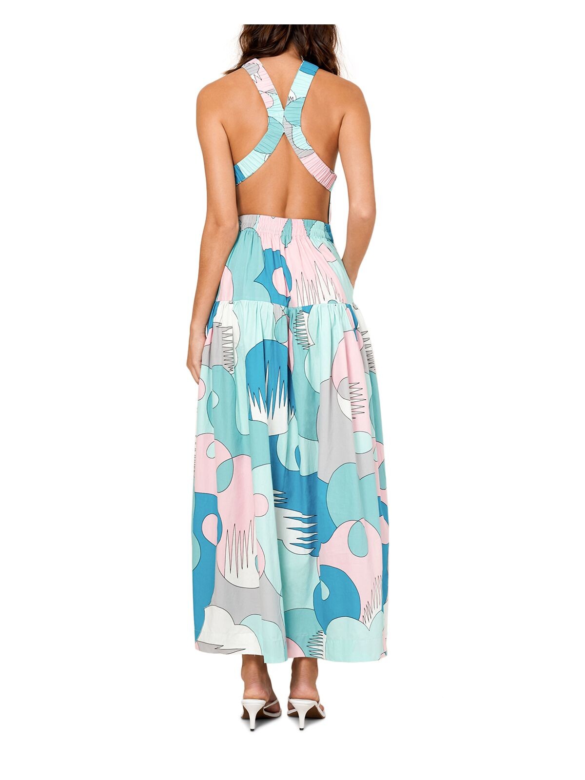 S/W/F Womens Turquoise Gathered Tie Pullover Cross-back Detail Tiers Printed Sleeveless Halter Maxi Fit + Flare Dress XS