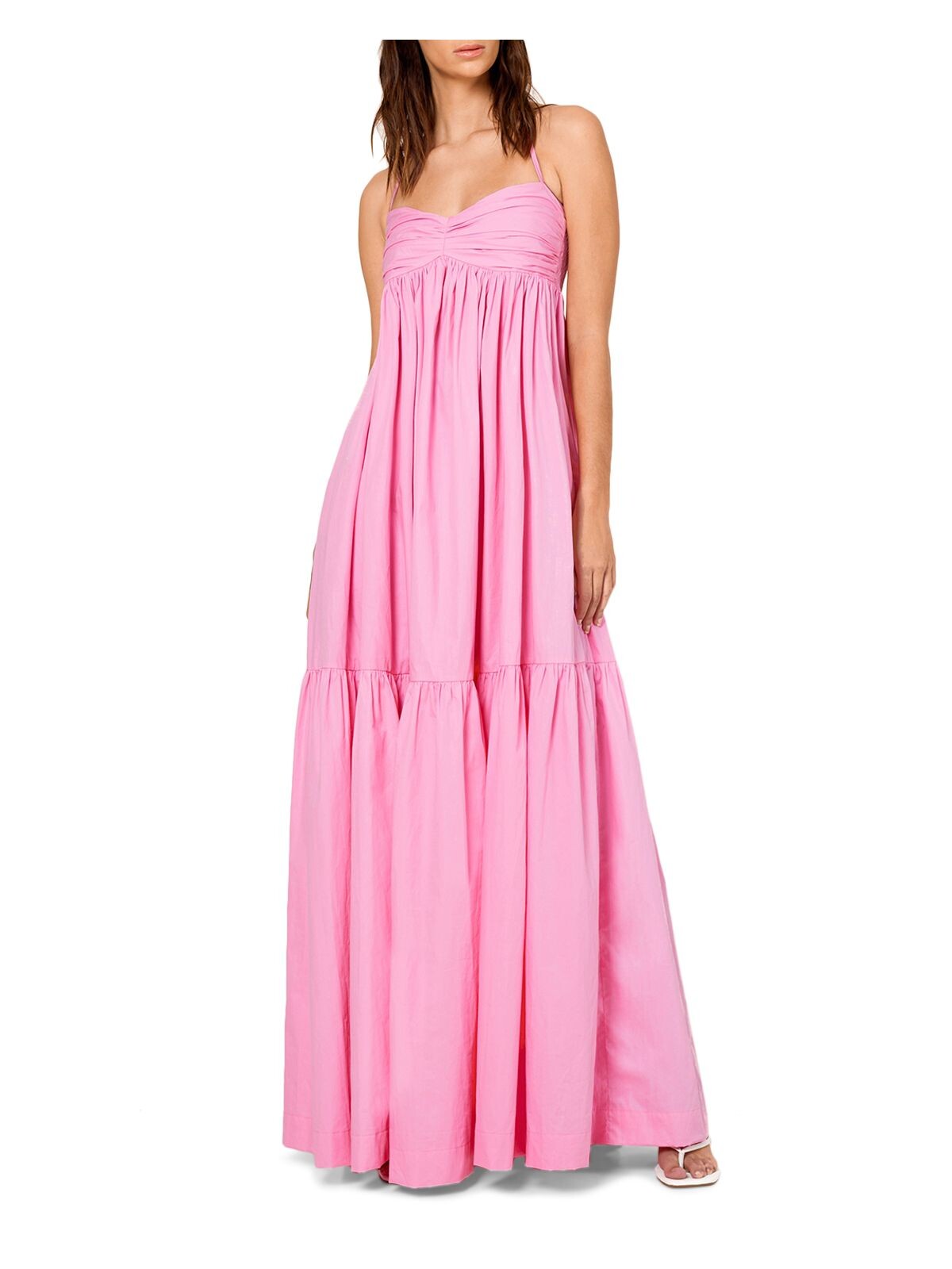 S/W/F Womens Pink Pocketed Smocked Tiered Pleated Tie Back Unlined Spaghetti Strap Sweetheart Neckline Full-Length Gown Dress S