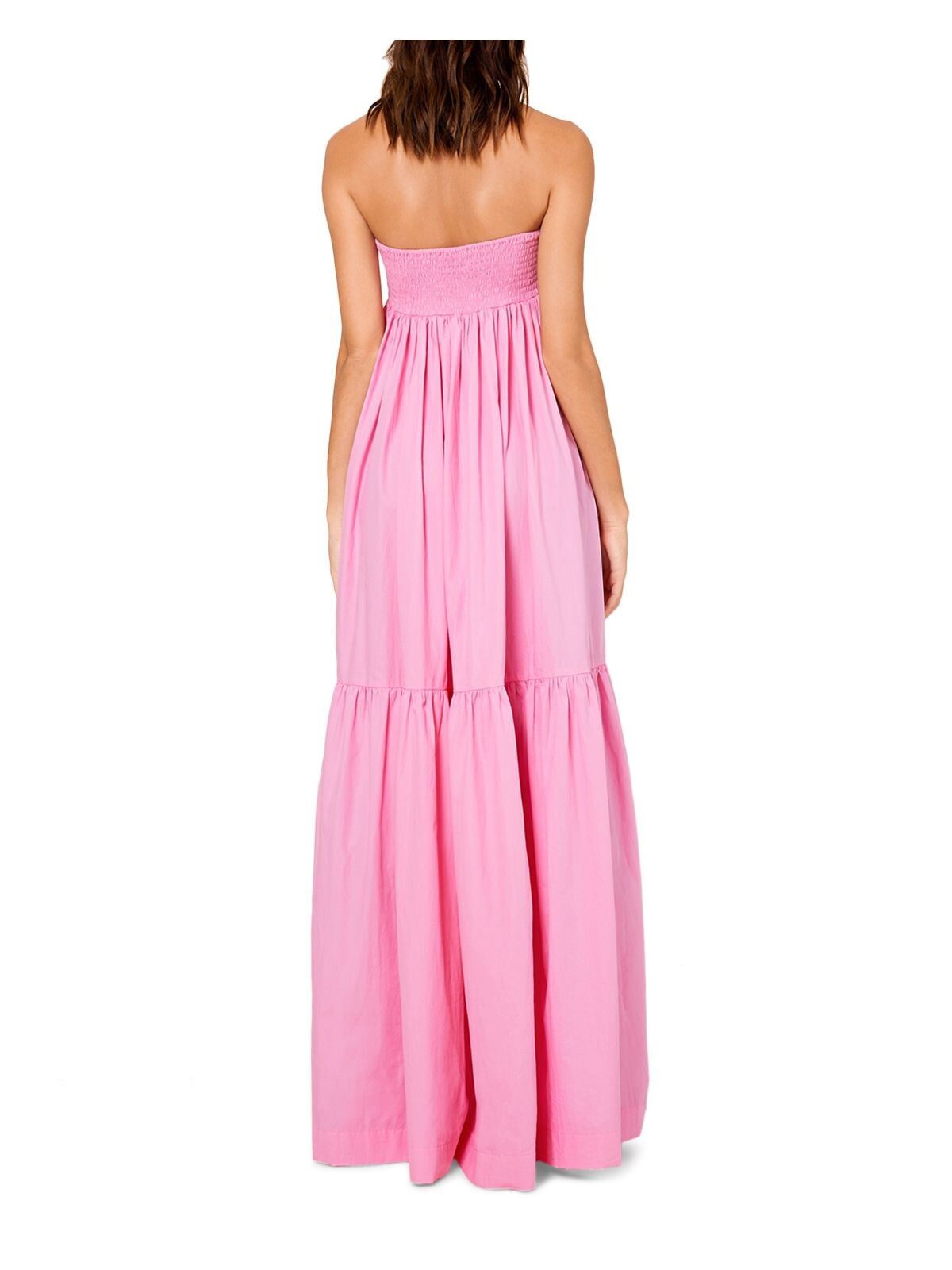 S/W/F Womens Pink Pocketed Smocked Tiered Pleated Tie Back Unlined Spaghetti Strap Sweetheart Neckline Full-Length Gown Dress S