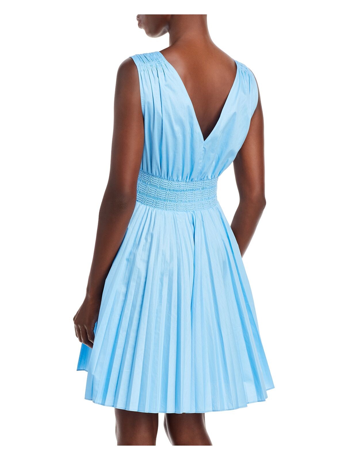 REBECCA TAYLOR Womens Blue Pleated Smocked Unlined Ruched Pullover Pocketed Sleeveless V Neck Above The Knee Fit + Flare Dress L