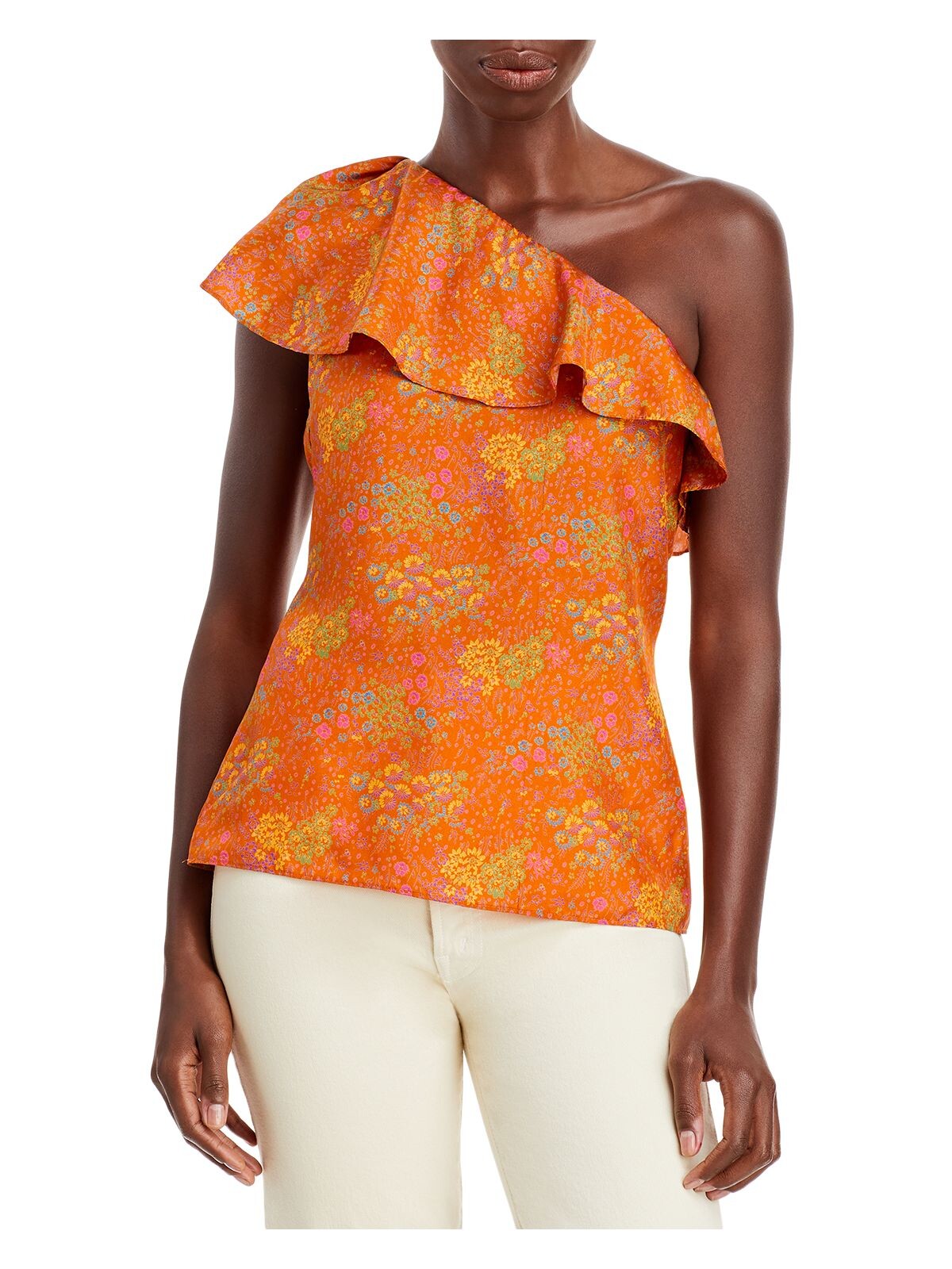 REBECCA TAYLOR Womens Orange Zippered Ruffled Floral Flutter Sleeve Asymmetrical Neckline Top 6