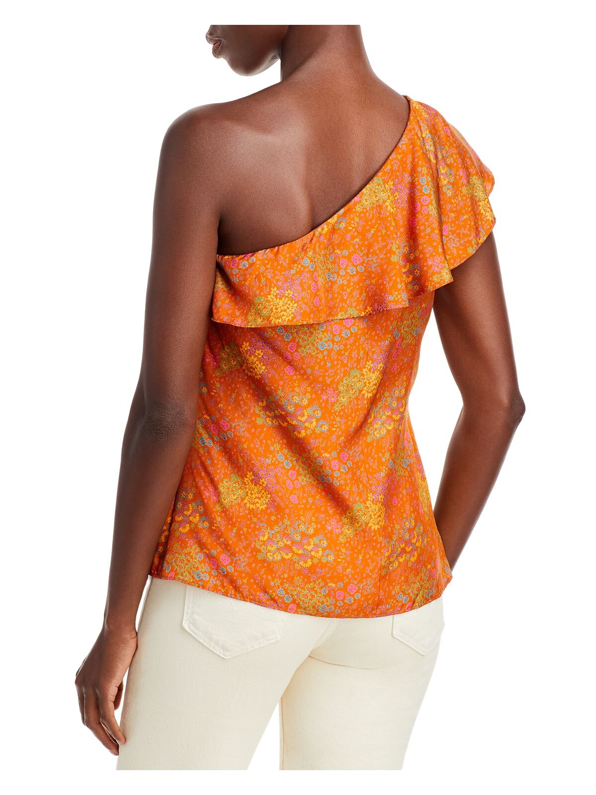 REBECCA TAYLOR Womens Orange Zippered Ruffled Floral Flutter Sleeve Asymmetrical Neckline Top 0