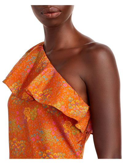 REBECCA TAYLOR Womens Orange Zippered Ruffled Floral Flutter Sleeve Asymmetrical Neckline Top 6