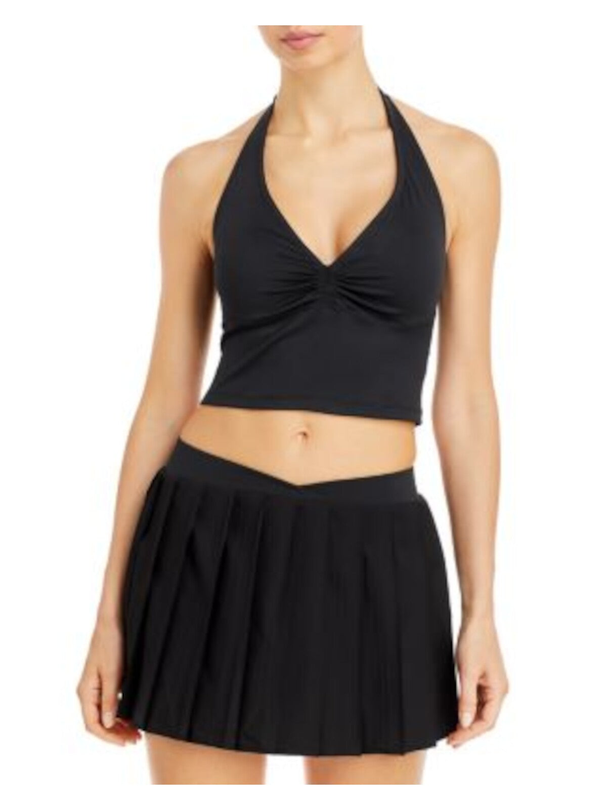FRANKIES BIKINIS Womens Black Ruched Removable Padded Cups Sleeveless Halter Crop Top S