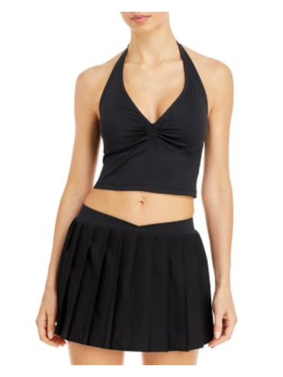 FRANKIES BIKINIS Womens Black Ruched Removable Padded Cups Sleeveless Halter Crop Top S