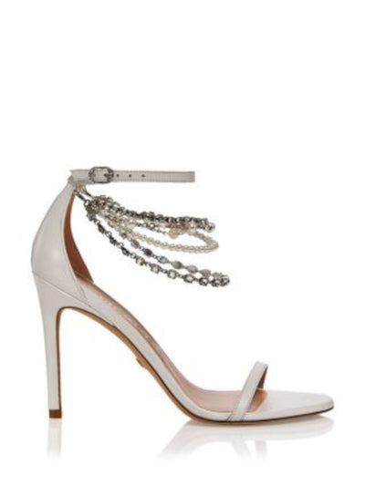 STUART WEITZMAN Womens White Embellished Ankle Padded Rhinestone Nudist Open Toe Stiletto Buckle Leather Dress Heeled Sandal 10 B