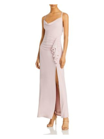AQUA FORMAL Womens Pink Ruched Ruffled Slitted Spaghetti Strap Cowl Neck Full-Length Evening Gown Dress M