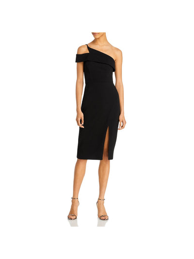 AQUA FORMAL Womens Black Zippered Slitted Lined Short Sleeve Asymmetrical Neckline Below The Knee Party Sheath Dress 2