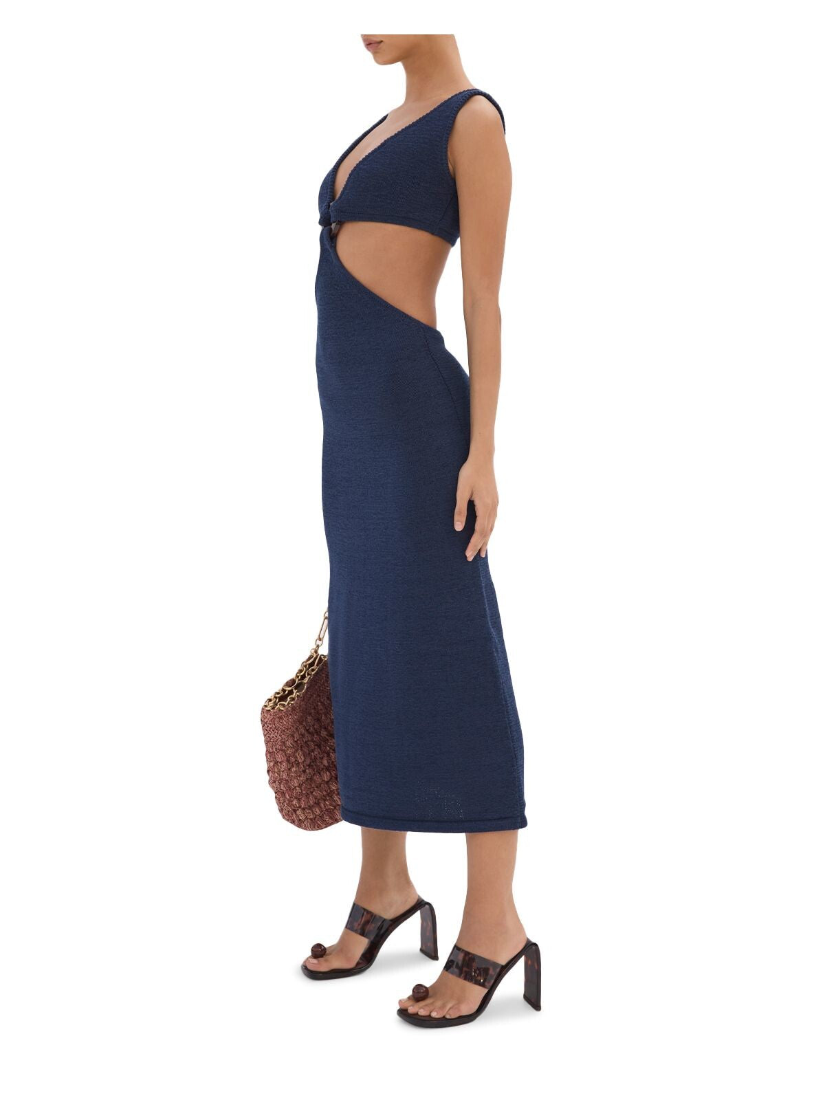 CULT GAIA Womens Navy Cut Out Ribbed Ring Detail Sleeveless V Neck Midi Body Con Dress L