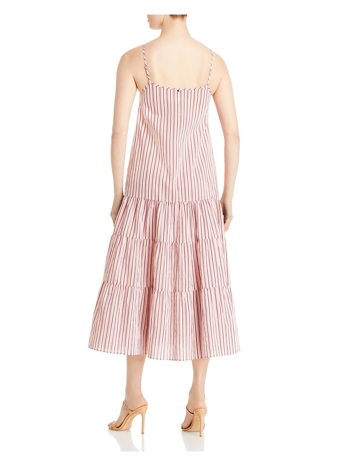 BOSS Womens Beige Adjustable Pullover Tiered Skirt Striped Spaghetti Strap V Neck Midi Shift Dress 2