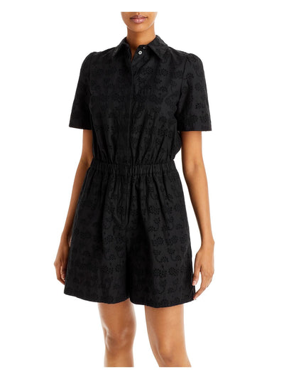 JASON WU Womens Black Zippered Eyelet Lined Pocketed Short Sleeve Collared Button Up Shorts Romper 2