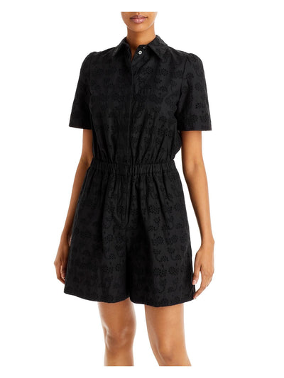 JASON WU Womens Black Zippered Eyelet Lined Pocketed Short Sleeve Collared Button Up Shorts Romper 8