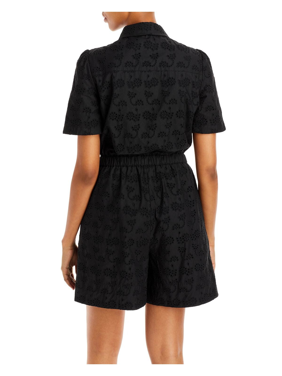 JASON WU Womens Black Zippered Eyelet Lined Pocketed Short Sleeve Collared Button Up Shorts Romper 2