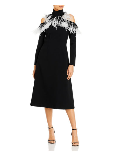 CHRISTOPHER KANE Womens Black Zippered Cold Shoulder Lined Feathered Long Sleeve Turtle Neck Midi Evening Fit + Flare Dress 10