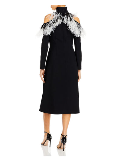 CHRISTOPHER KANE Womens Black Zippered Cold Shoulder Lined Feathered Long Sleeve Turtle Neck Midi Evening Fit + Flare Dress 6