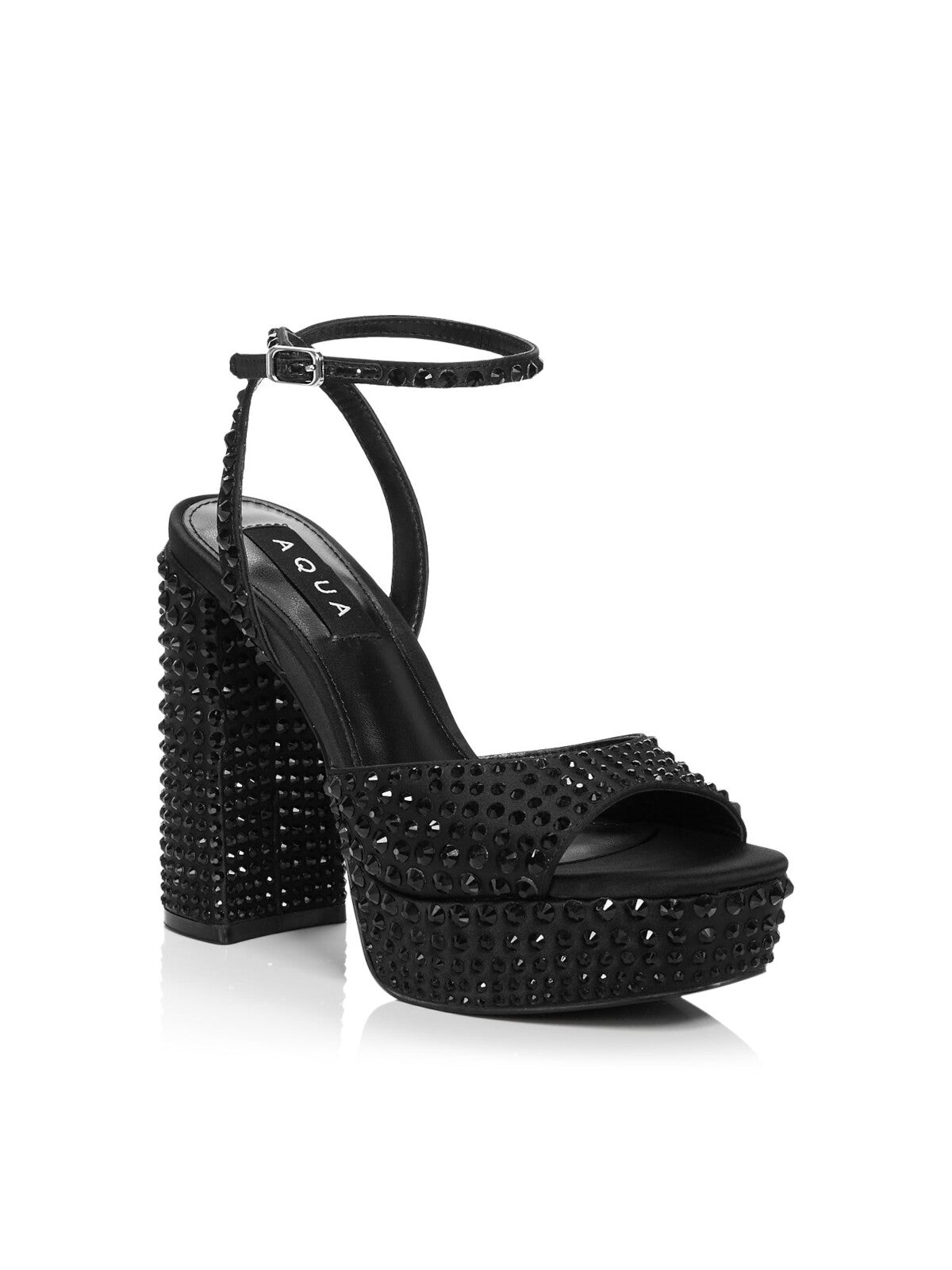 AQUA Womens Black 1" Platform Padded Rhinestone Ankle Strap Lesly Square Toe Block Heel Buckle Dress Heeled Sandal 7 M