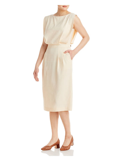 LAFAYETTE 148 NEW YORK Womens Beige Zippered Pocketed Pleated Back Slit Unlined Sleeveless Boat Neck Knee Length Wear To Work Blouson Dress 4