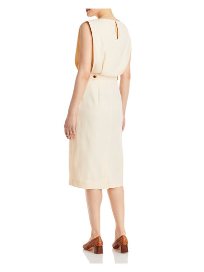 LAFAYETTE 148 NEW YORK Womens Beige Zippered Pocketed Pleated Back Slit Unlined Sleeveless Boat Neck Knee Length Wear To Work Blouson Dress 4