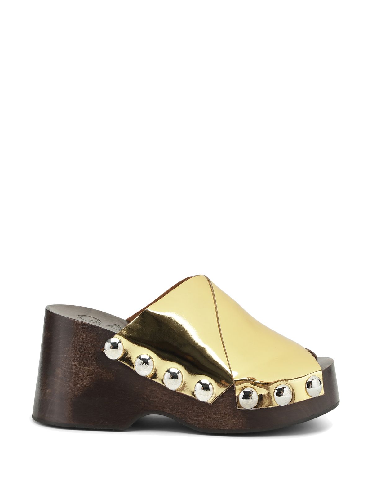GANNI Womens Gold 1-1/2" Platform Studded Retro Round Toe Wedge Slip On Leather Sandals Shoes 37