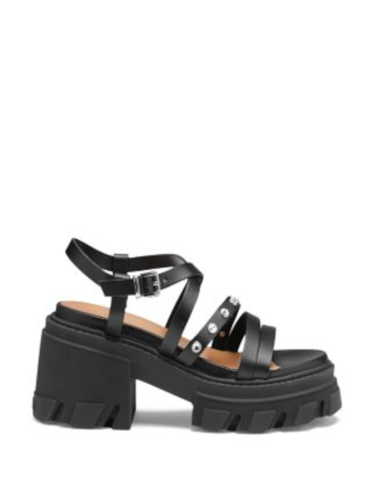 GANNI Womens Black Lug Sole 2" Platform Embellished Strappy Round Toe Block Heel Buckle Leather Slingback Sandal 38