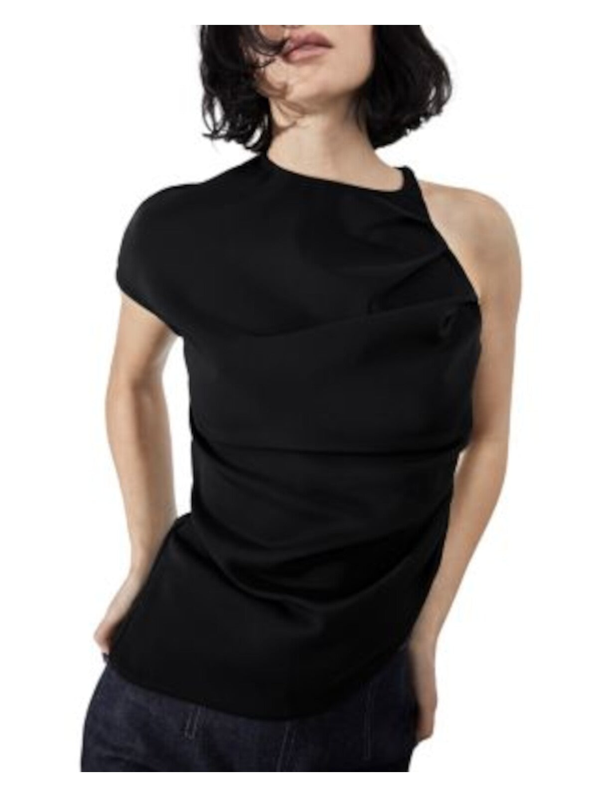 ET OCHS Womens Black Ruched Pleated Lined Drape Asymmetrical Hem Cap Sleeve Asymmetrical Neckline Cocktail Top 2