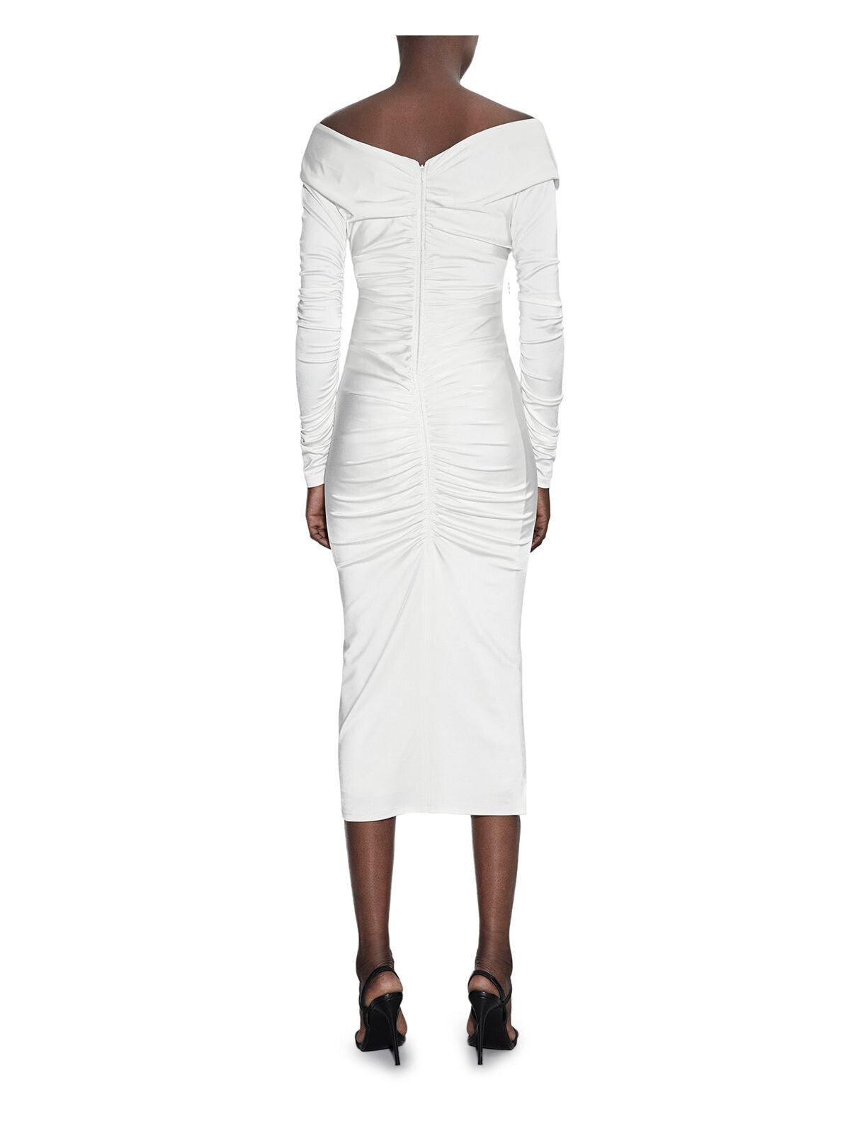ET OCHS Womens Ivory Zippered Ruched Lined Gathered Long Sleeve V Neck Midi Evening Sheath Dress 4
