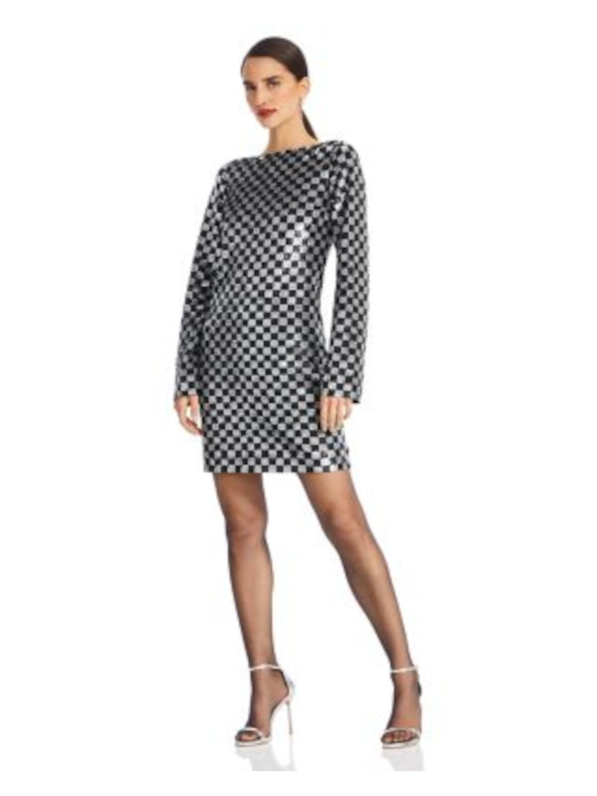 MICHAEL KORS Womens Black Sequined Zippered Lined Check Long Sleeve Boat Neck Above The Knee Cocktail Sheath Dress 4
