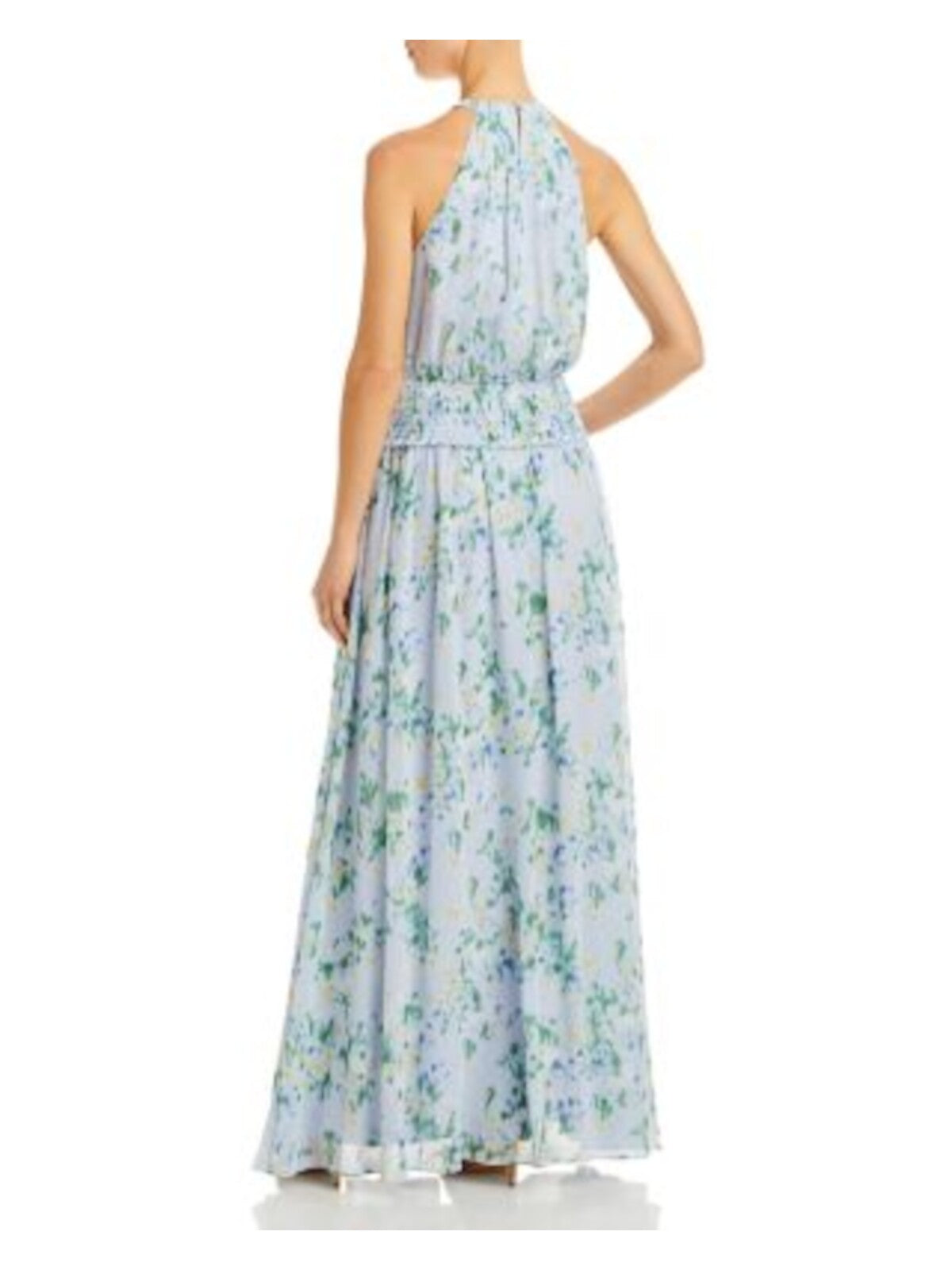 BCBG MAXAZRIA Womens Light Blue Cut Out Slitted Keyhole Back Smocked Waist Lined Printed Sleeveless Halter Full-Length Party Fit + Flare Dress 8