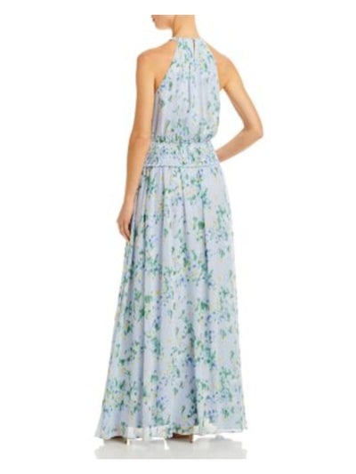 BCBG MAXAZRIA Womens Light Blue Cut Out Slitted Keyhole Back Smocked Waist Lined Printed Sleeveless Halter Full-Length Party Fit + Flare Dress 8