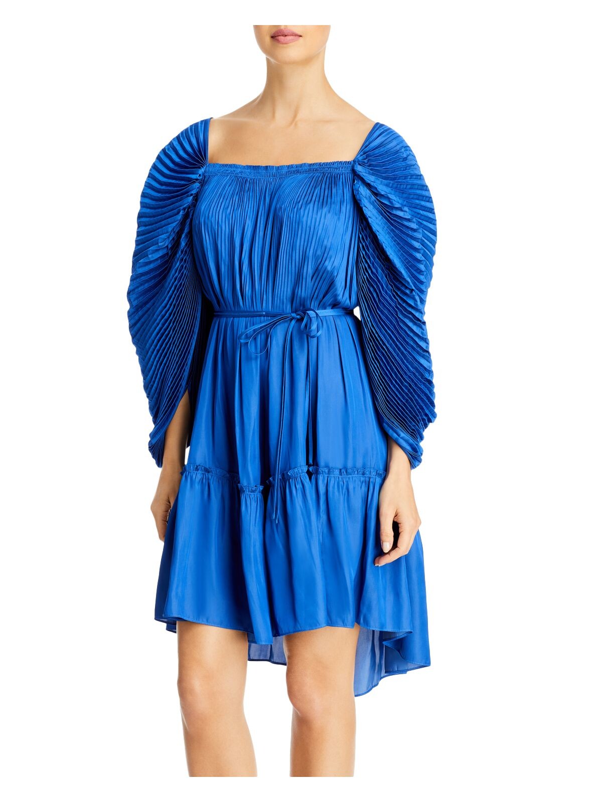 KOBI HALPERIN Womens Blue Pleated Ruffled Pullover Unlined Tie Back Sheer Pouf Sleeve Square Neck Above The Knee Cocktail Fit + Flare Dress S