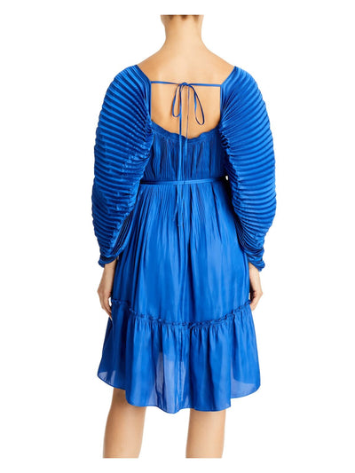 KOBI HALPERIN Womens Blue Pleated Ruffled Pullover Unlined Tie Back Sheer Pouf Sleeve Square Neck Above The Knee Cocktail Fit + Flare Dress XS