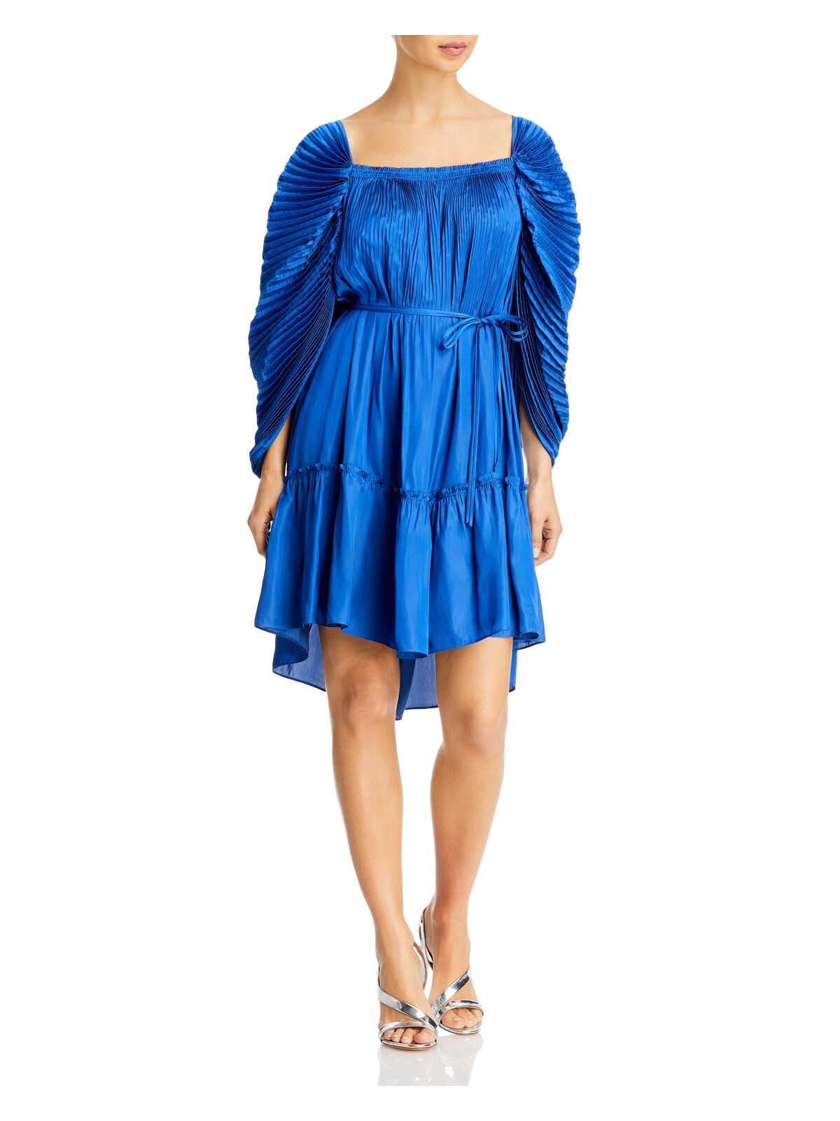 KOBI HALPERIN Womens Blue Pleated Ruffled Pullover Unlined Tie Back Sheer Pouf Sleeve Square Neck Above The Knee Cocktail Fit + Flare Dress XS