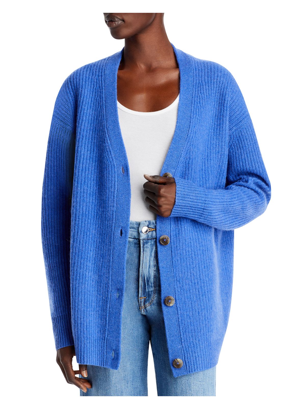 Designer Brand Womens Blue Ribbed Oversized Long Sleeve V Neck Button Up Sweater S