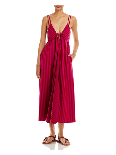 REBECCA TAYLOR Womens Purple Tie Open Back Unlined Textured Striped V Neck Tea-Length Fit + Flare Dress 0