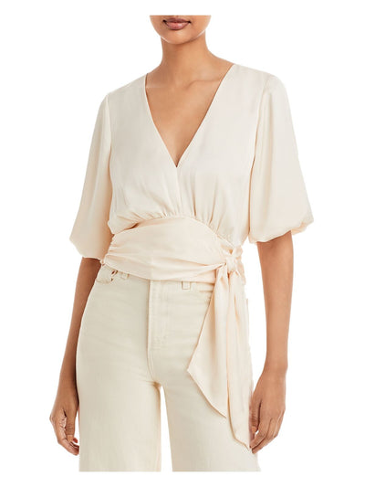 RAMY BROOK Womens Smocked Balloon Sleeve V Neck Self Tie Waist Wear To Work Top