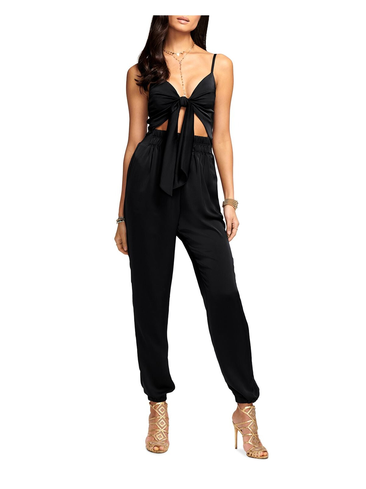 RAMY BROOK Womens Black Adjustable Smocked Tie Elastic Cuffs Cut Out Spaghetti Strap V Neck Cocktail Straight leg Jumpsuit M