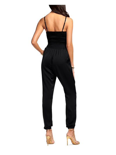 RAMY BROOK Womens Black Adjustable Smocked Tie Elastic Cuffs Cut Out Spaghetti Strap V Neck Cocktail Straight leg Jumpsuit S