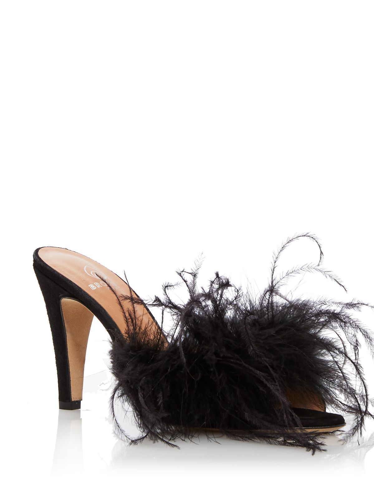 BROTHER VELLIES Womens Black Feather Accent Palms Almond Toe Stiletto Slip On Leather Dress Heeled Sandal 11 M