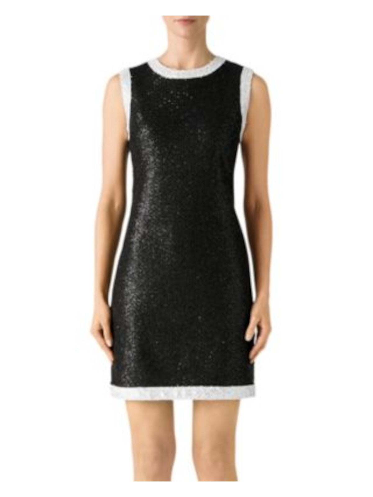 ST JOHN Womens Black Sequined Zippered Unlined Darted Color Block Sleeveless Round Neck Above The Knee Evening Sheath Dress 0