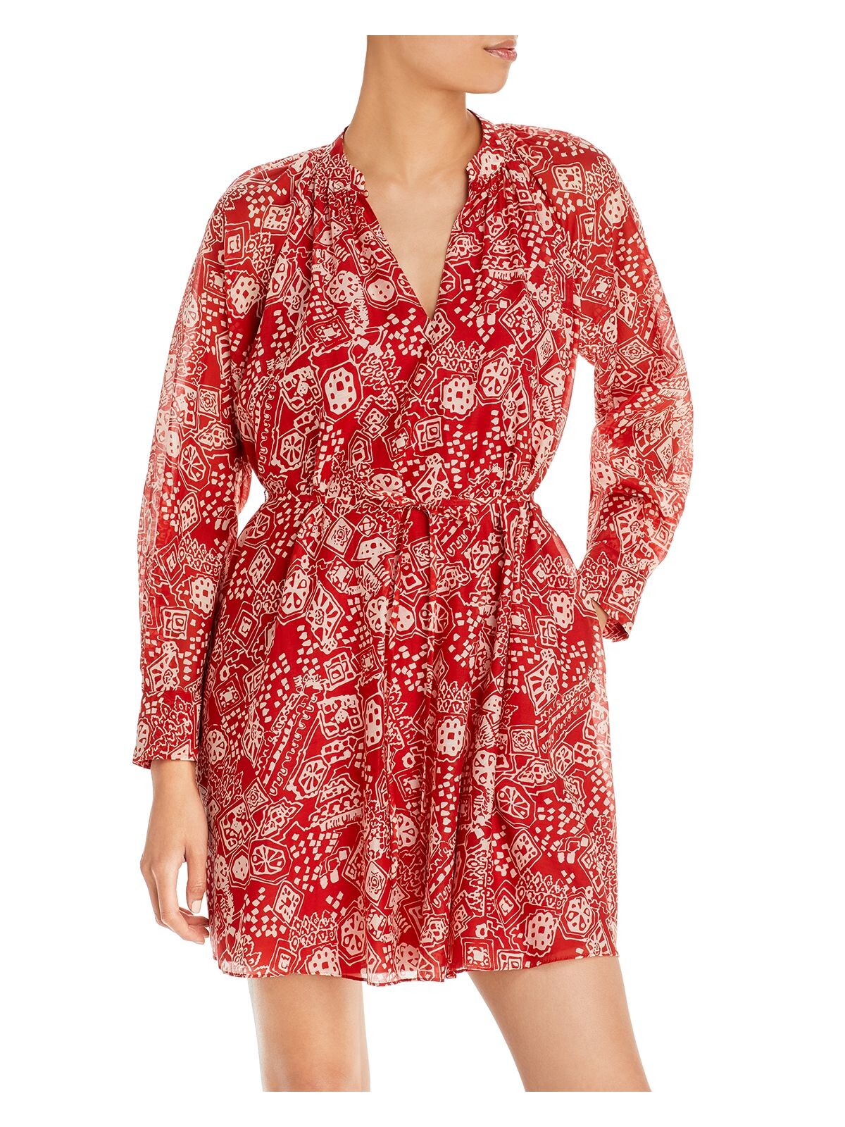 REBECCA TAYLOR Womens Red Pocketed Sheer Tie Pullover Lined Pleated Printed Cuffed Sleeve V Neck Short Fit + Flare Dress XS